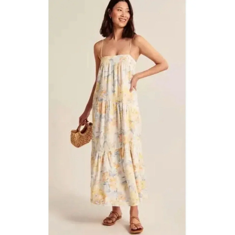 Abercrombie & Fitch Boho Linen Blend Asymmetrical Floral Maxi Dress Size‎ XS